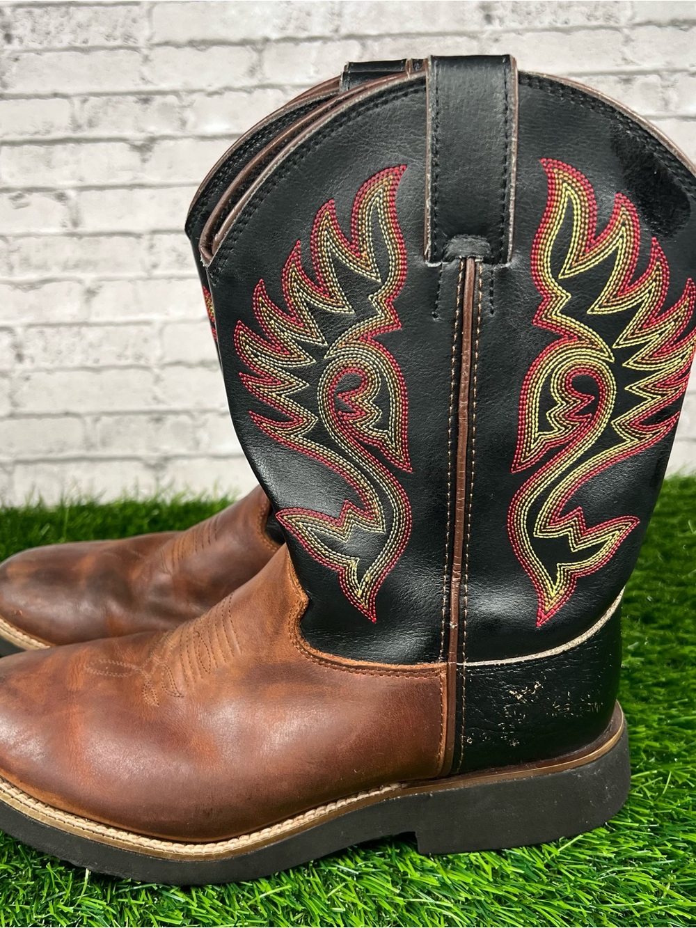 Justin Boots Brown and Black Kids Western Boots with Red & Yellow Stitching